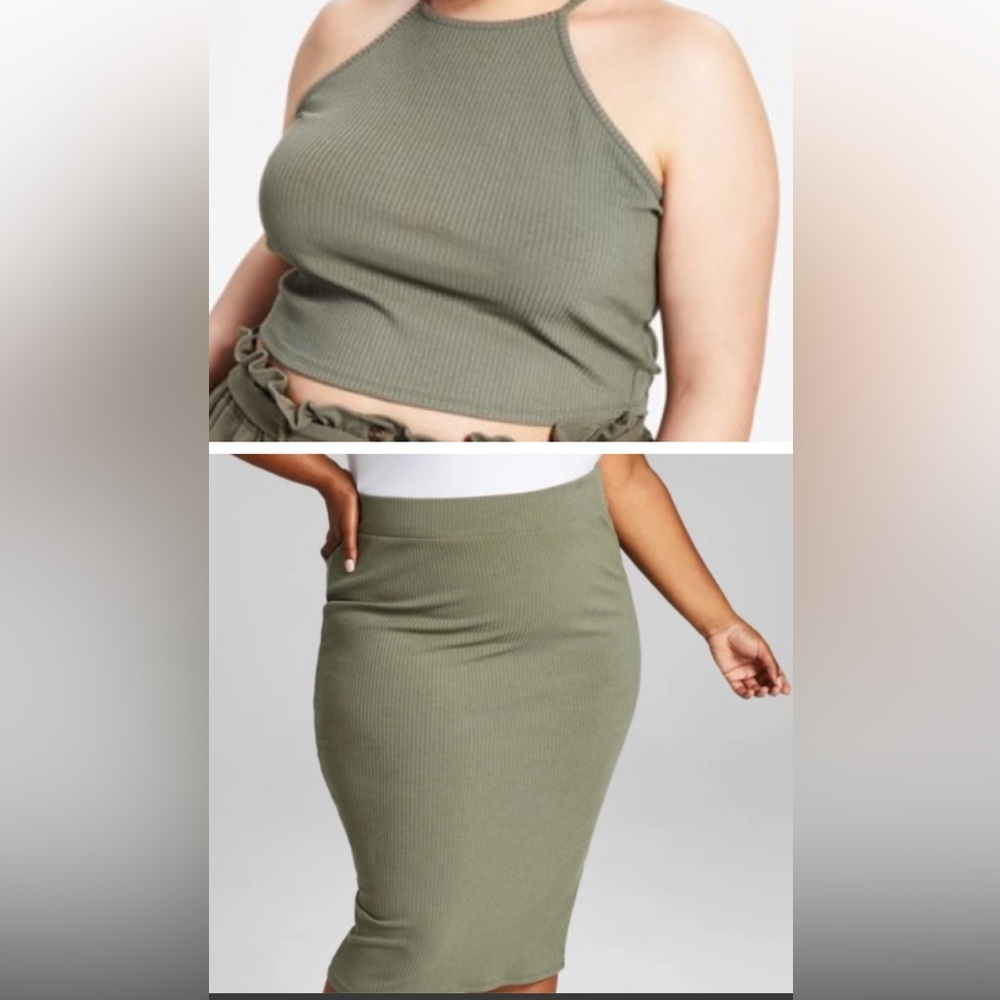 Bar III Trendy Plus Size Ribbed Halter Tank‎ Top and Skirt Dusty Olive